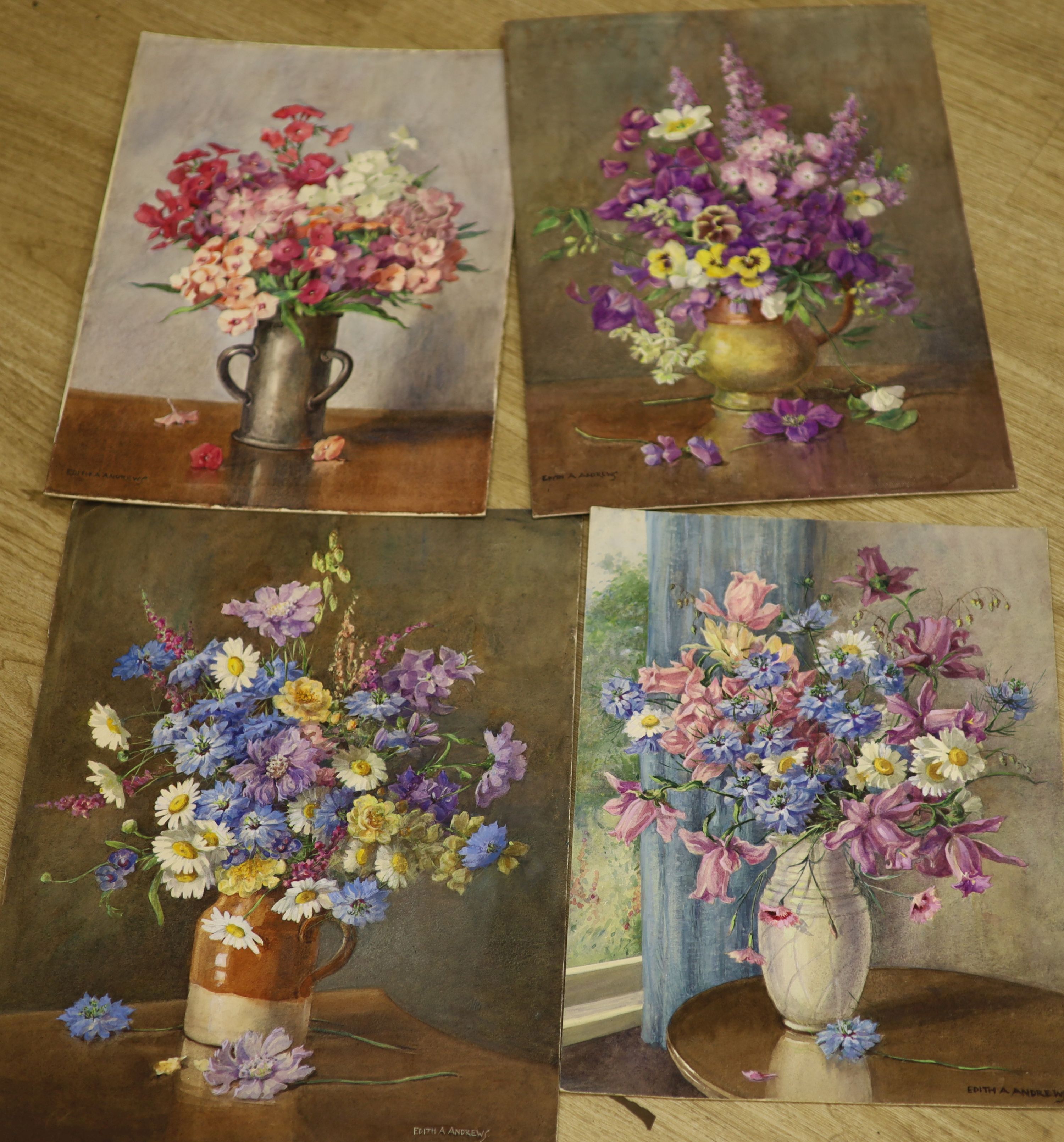 Edith Alice Andrews (1873-1958), four still life watercolours of flowers, 50 x 39cm & smaller